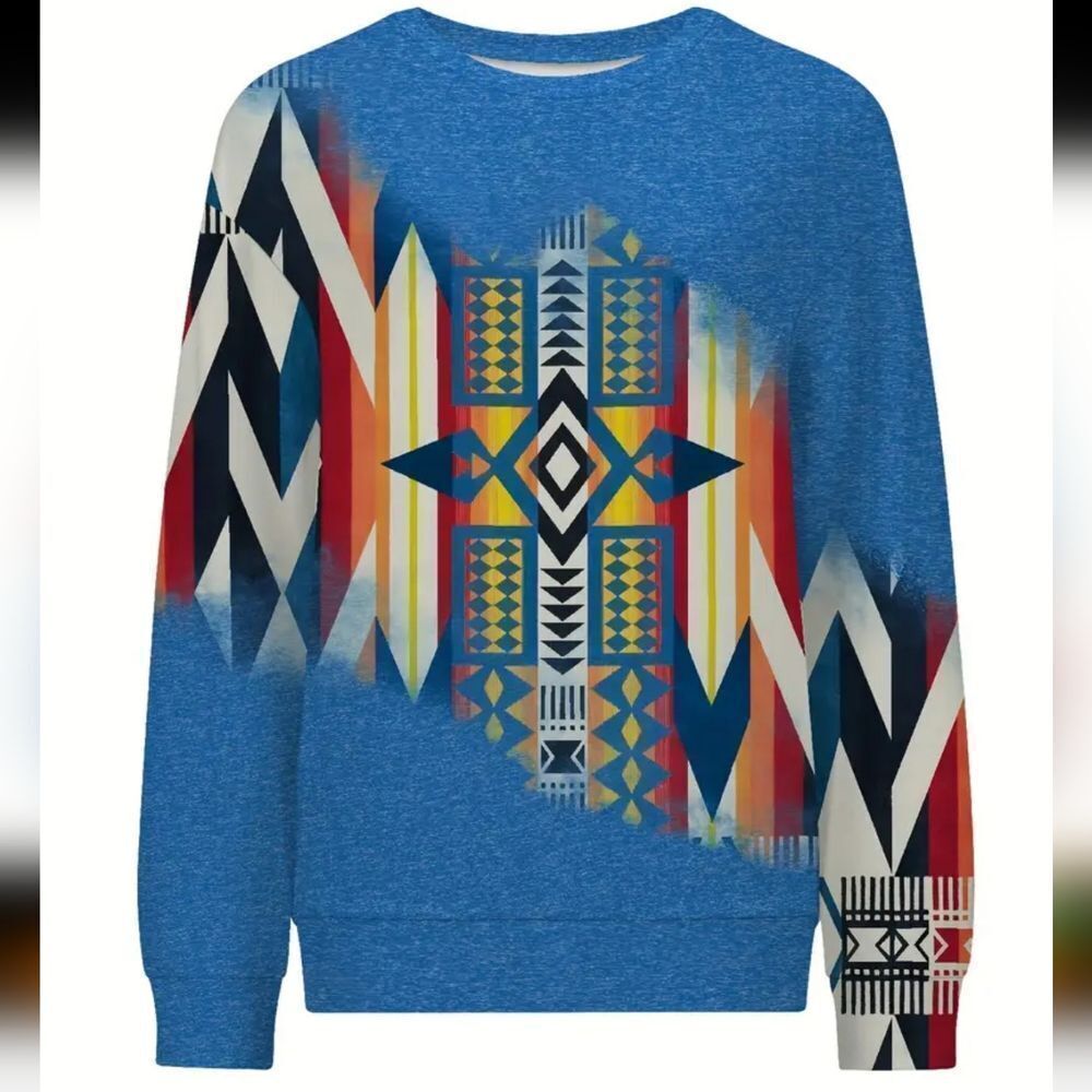 Aztec Print Pullover Crew Neck Sweatshirt - Picture 2 of 5